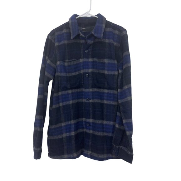 ASOS Design Mens Navy & Gray Plaid Button-Up Flannel Shirt Jackets Size Small - Picture 9 of 10